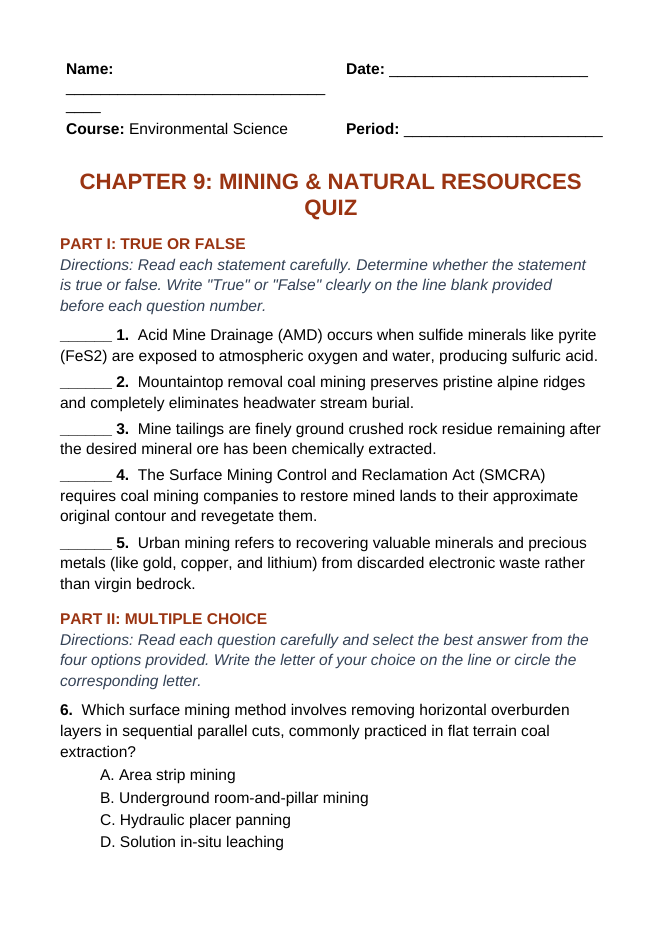 Mining and Natural Resources Lesson Quiz sample page