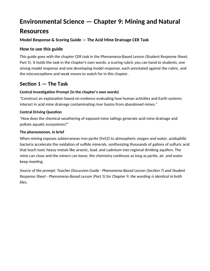 Mining and Natural Resources Model Response & Scoring Guide sample page