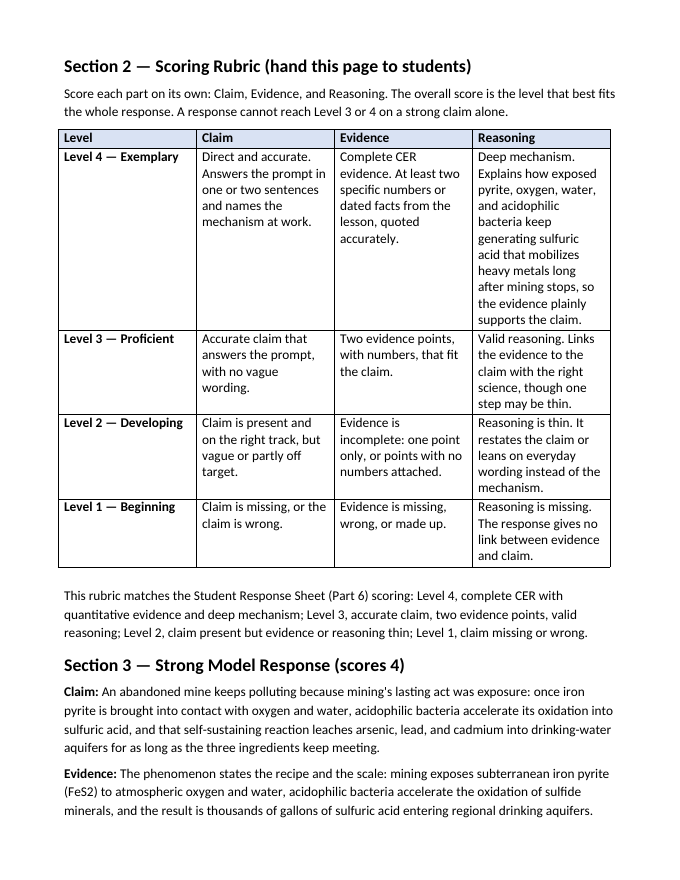Mining and Natural Resources Model Response & Scoring Guide sample page