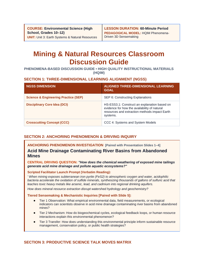 Mining and Natural Resources Phenomena-Based Lesson: Acid Mine Drainage Contaminating River Basins from Abandoned Mines Teacher Discussion Guide sample page