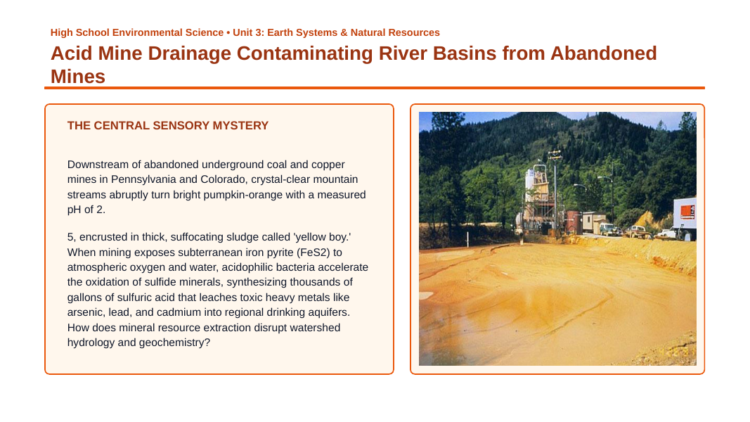 Mining and Natural Resources Phenomena-Based Lesson: Acid Mine Drainage Contaminating River Basins from Abandoned Mines Presentation sample page