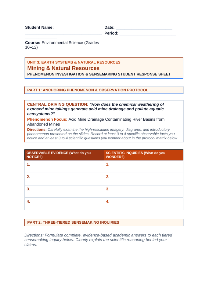 Mining and Natural Resources Phenomena-Based Lesson: Acid Mine Drainage Contaminating River Basins from Abandoned Mines Student Response Sheet sample page