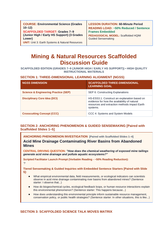 Mining and Natural Resources Scaffolded Phenomena-Based Lesson: Acid Mine Drainage Contaminating River Basins from Abandoned Mines Teacher Discussion Guide sample page