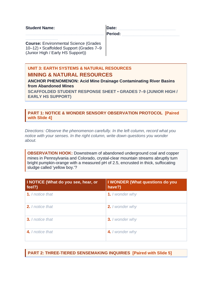 Mining and Natural Resources Scaffolded Phenomena-Based Lesson: Acid Mine Drainage Contaminating River Basins from Abandoned Mines Student Response Sheet sample page