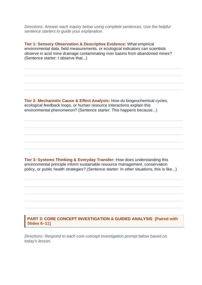 Mining and Natural Resources Scaffolded Phenomena-Based Lesson: Acid Mine Drainage Contaminating River Basins from Abandoned Mines Student Response Sheet sample page