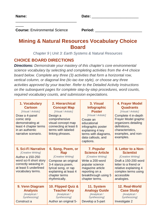 Mining and Natural Resources Vocabulary Choice Board sample page