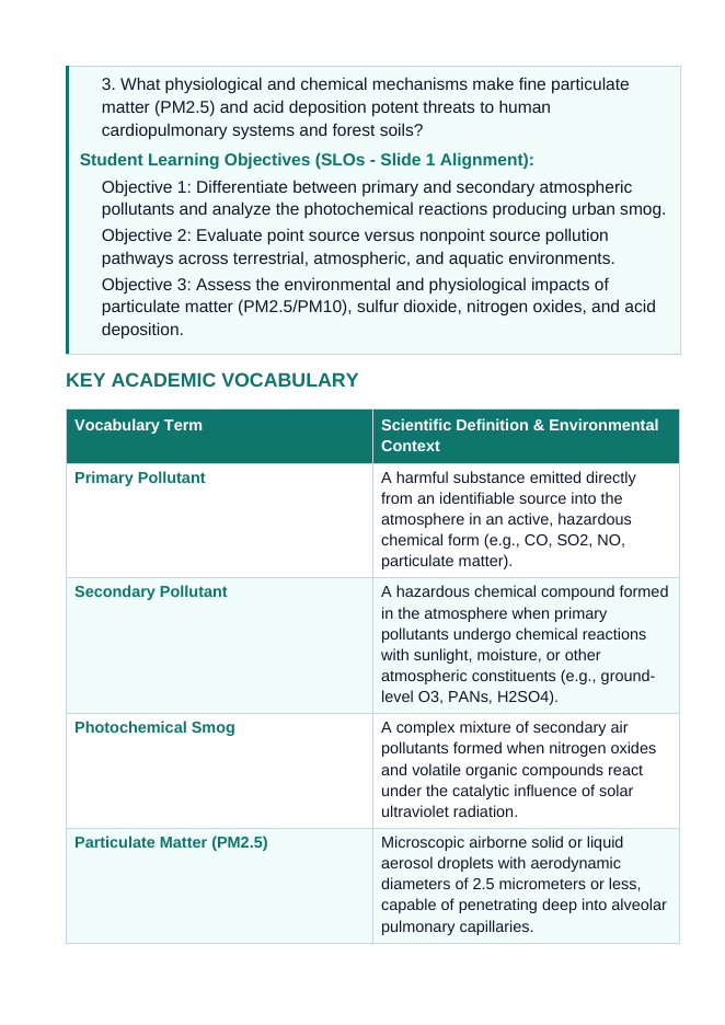 Pollution Types and Causes 5E Lesson Plan sample page