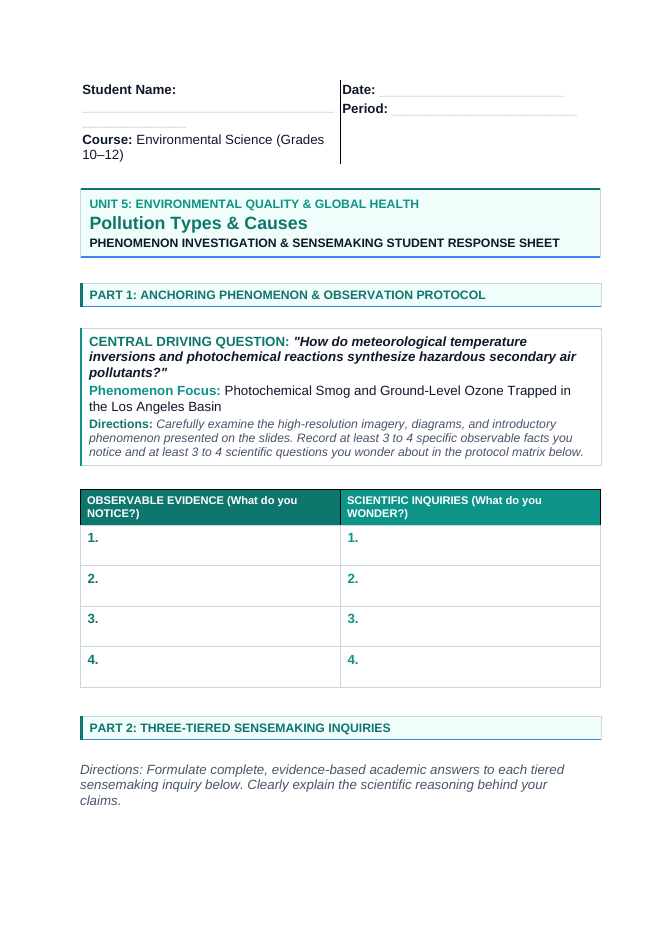 Pollution Types and Causes Phenomena-Based Lesson: Photochemical Smog and Ground-Level Ozone Trapped in the Los Angeles Basin Student Response Sheet sample page