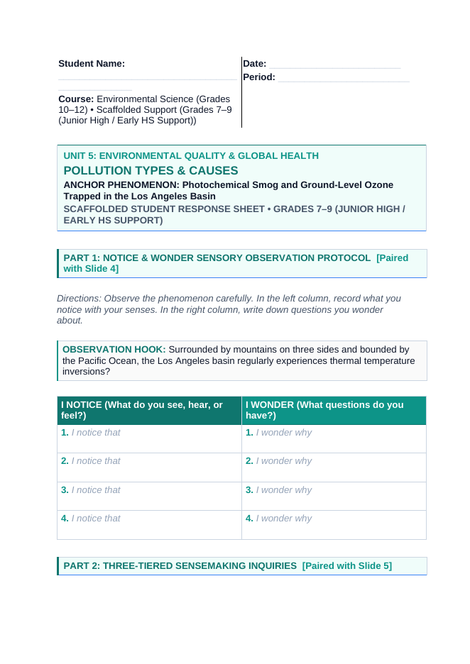 Pollution Types and Causes Scaffolded Phenomena-Based Lesson: Photochemical Smog and Ground-Level Ozone Trapped in the Los Angeles Basin Student Response Sheet sample page