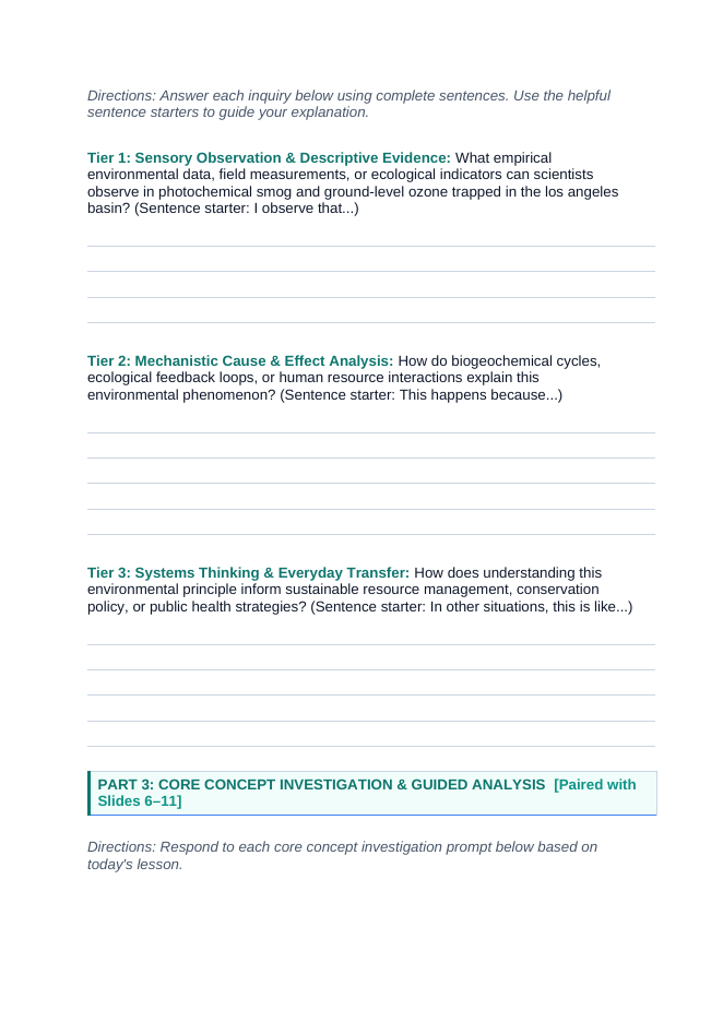 Pollution Types and Causes Scaffolded Phenomena-Based Lesson: Photochemical Smog and Ground-Level Ozone Trapped in the Los Angeles Basin Student Response Sheet sample page