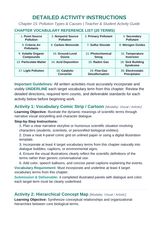 Pollution Types and Causes Vocabulary Choice Board sample page
