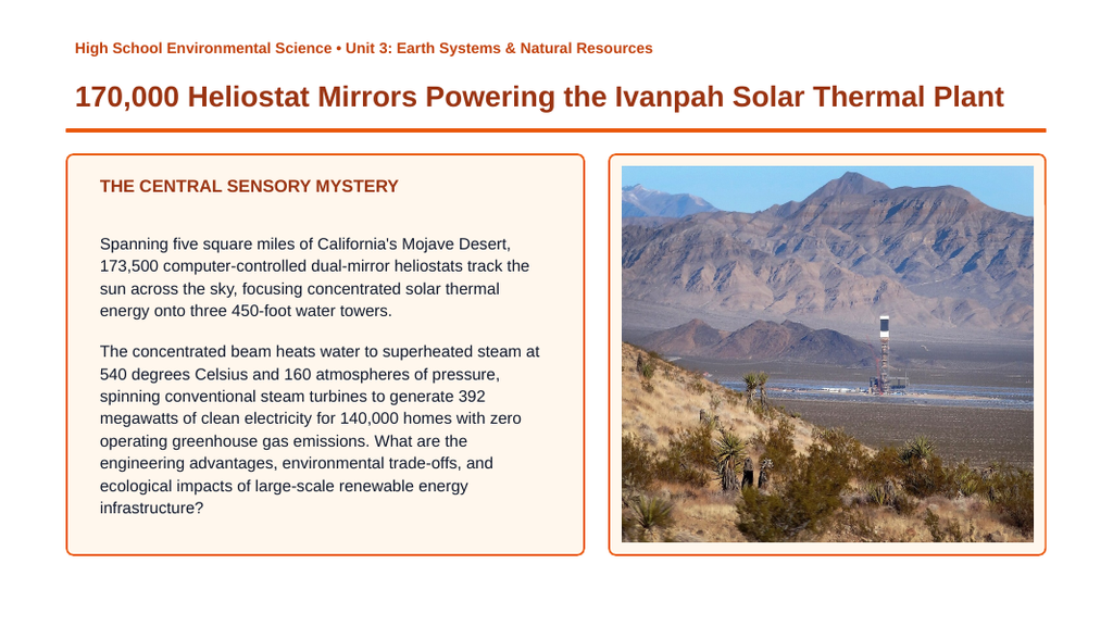 Renewable vs. Nonrenewable Resources Phenomena-Based Lesson: 170,000 Heliostat Mirrors Powering the Ivanpah Solar Thermal Plant Presentation sample page