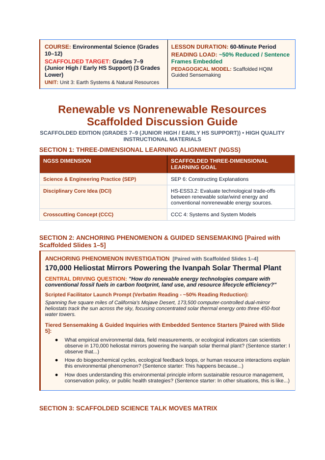 Renewable vs. Nonrenewable Resources Scaffolded Phenomena-Based Lesson: 170,000 Heliostat Mirrors Powering the Ivanpah Solar Thermal Plant Teacher Discussion Guide sample page