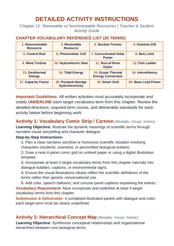 Renewable vs. Nonrenewable Resources Vocabulary Choice Board sample page
