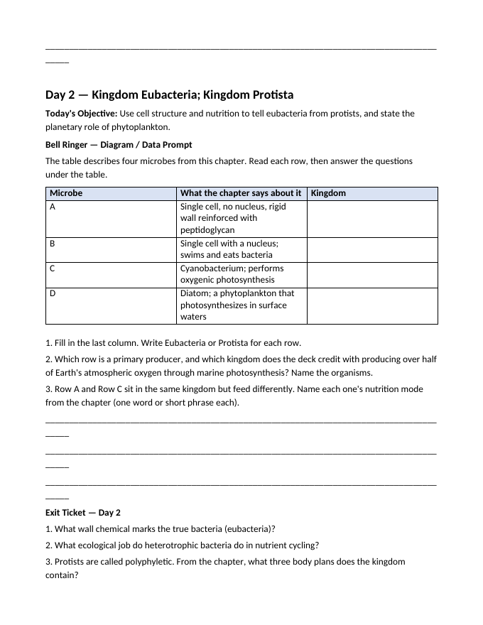 Six Kingdoms of Life Bell Ringers & Exit Tickets sample page