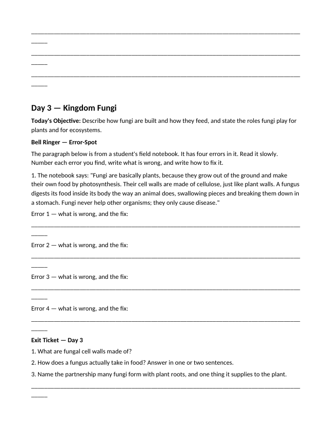 Six Kingdoms of Life Bell Ringers & Exit Tickets sample page