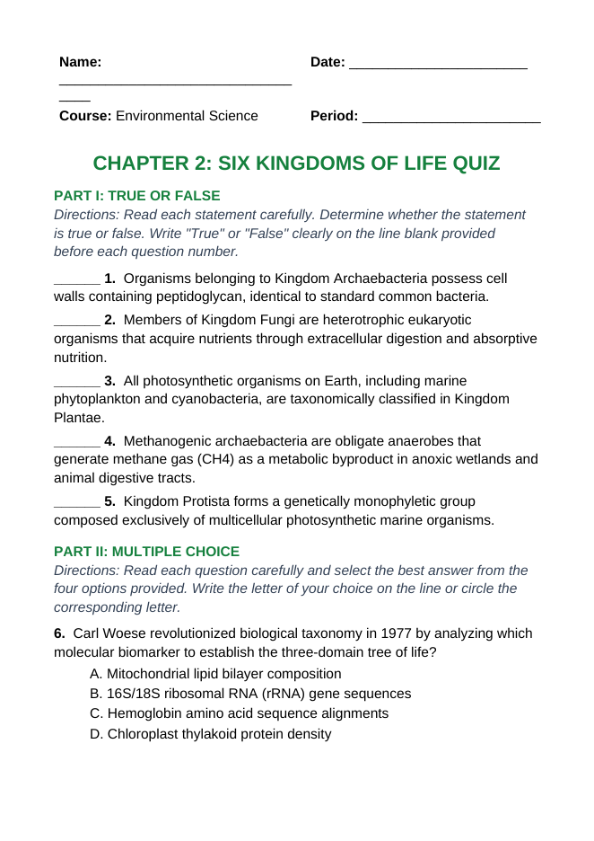 Six Kingdoms of Life Lesson Quiz sample page