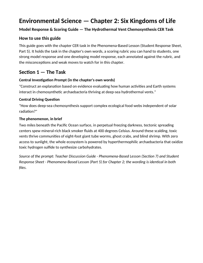 Six Kingdoms of Life Model Response & Scoring Guide sample page