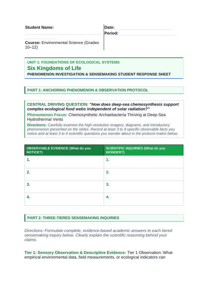 Six Kingdoms of Life Phenomena-Based Lesson: Chemosynthetic Archaebacteria Thriving at Deep-Sea Hydrothermal Vents Student Response Sheet sample page
