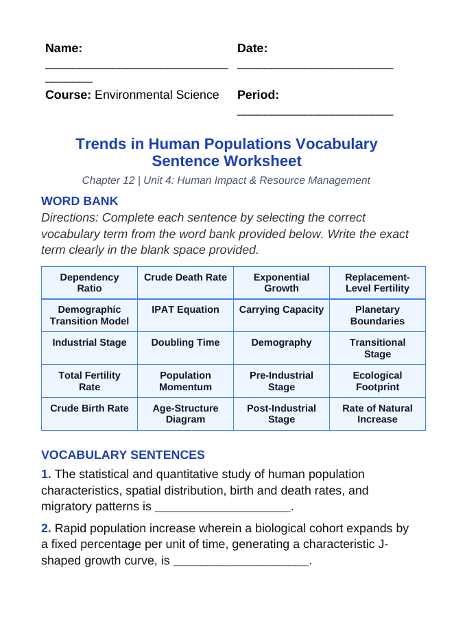 Trends in Human Populations Fill-in-the-Blank Vocabulary Worksheet sample page