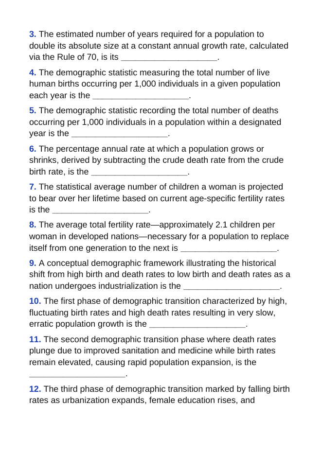 Trends in Human Populations Fill-in-the-Blank Vocabulary Worksheet sample page