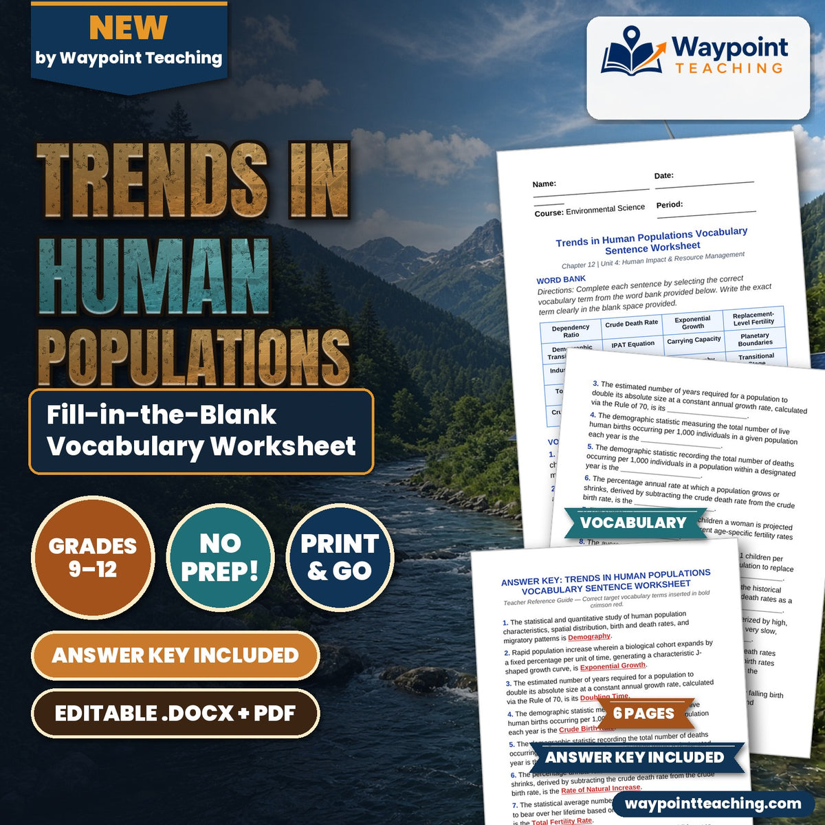 Trends in Human Populations Fill-in-the-Blank Vocabulary Worksheet cover