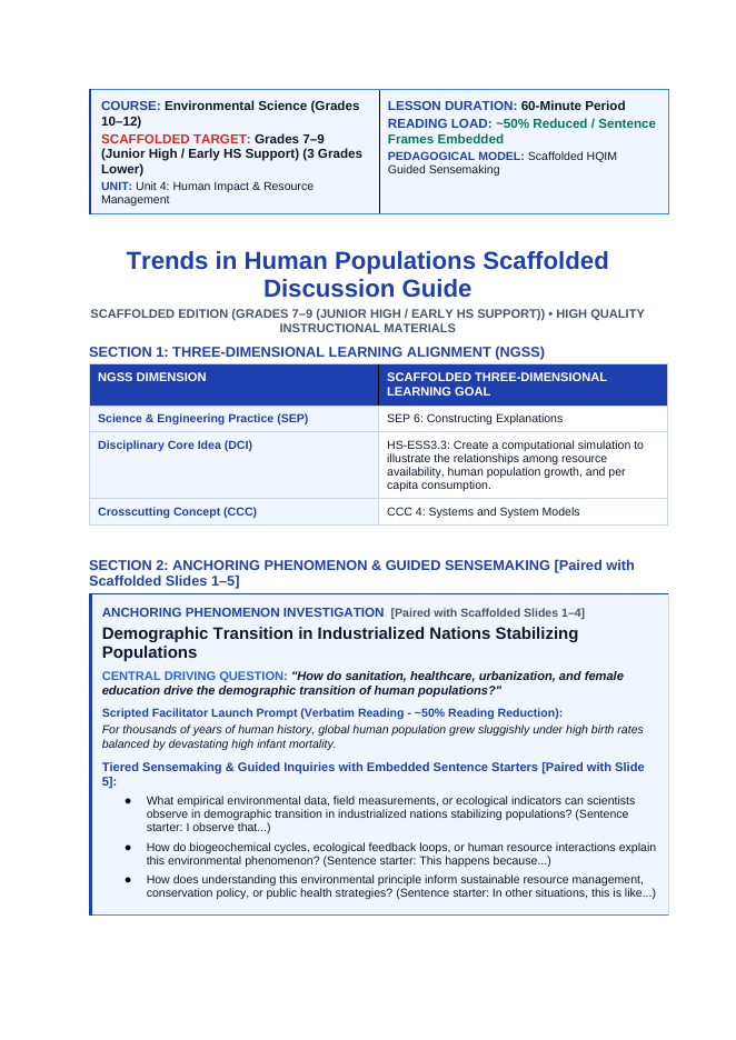 Trends in Human Populations Scaffolded Phenomena-Based Lesson: Demographic Transition in Industrialized Nations Stabilizing Populations Teacher Discussion Guide sample page