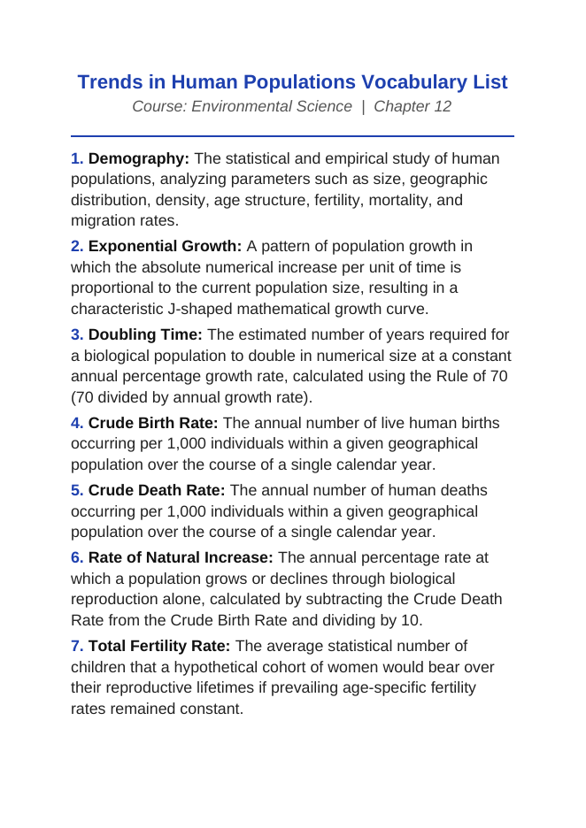 Trends in Human Populations Vocabulary Words & Definitions sample page