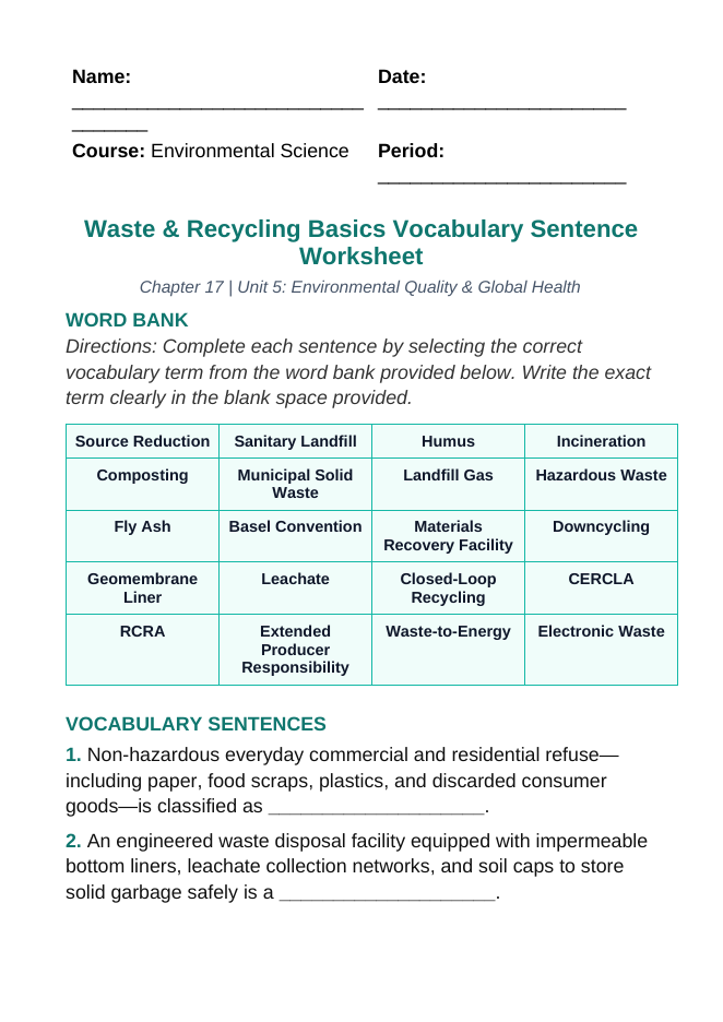 Waste and Recycling Basics Fill-in-the-Blank Vocabulary Worksheet sample page