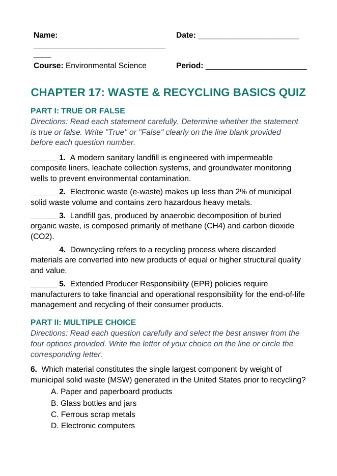 Waste and Recycling Basics Lesson Quiz sample page