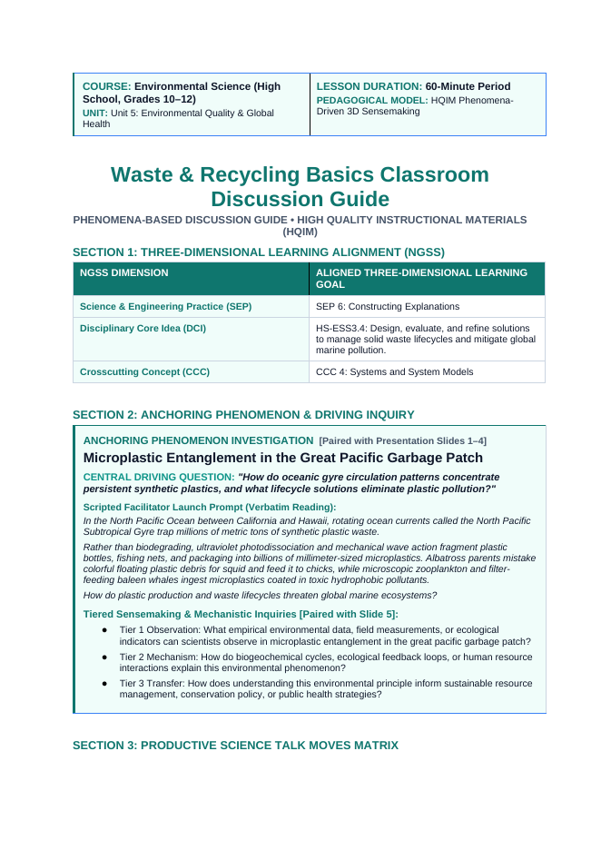 Waste and Recycling Basics Phenomena-Based Lesson: Microplastic Entanglement in the Great Pacific Garbage Patch Teacher Discussion Guide sample page