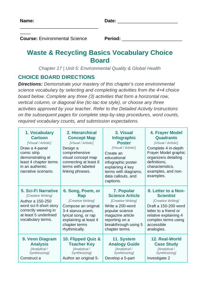 Waste and Recycling Basics Vocabulary Choice Board sample page