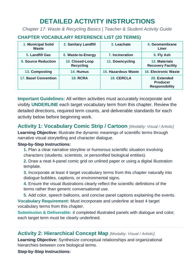 Waste and Recycling Basics Vocabulary Choice Board sample page