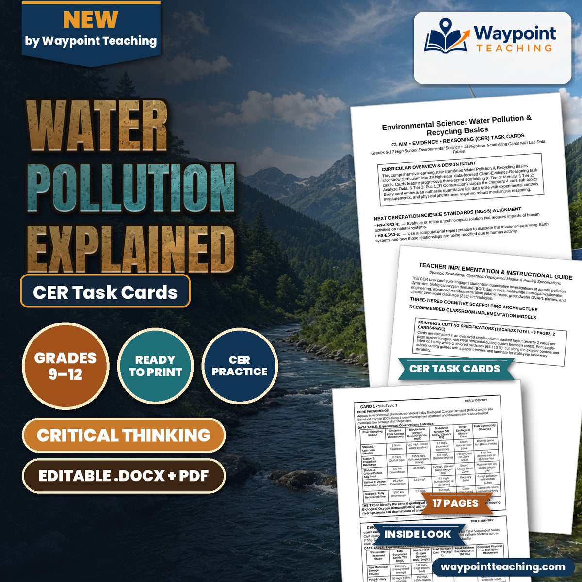 Water Pollution Explained CER Task Cards cover