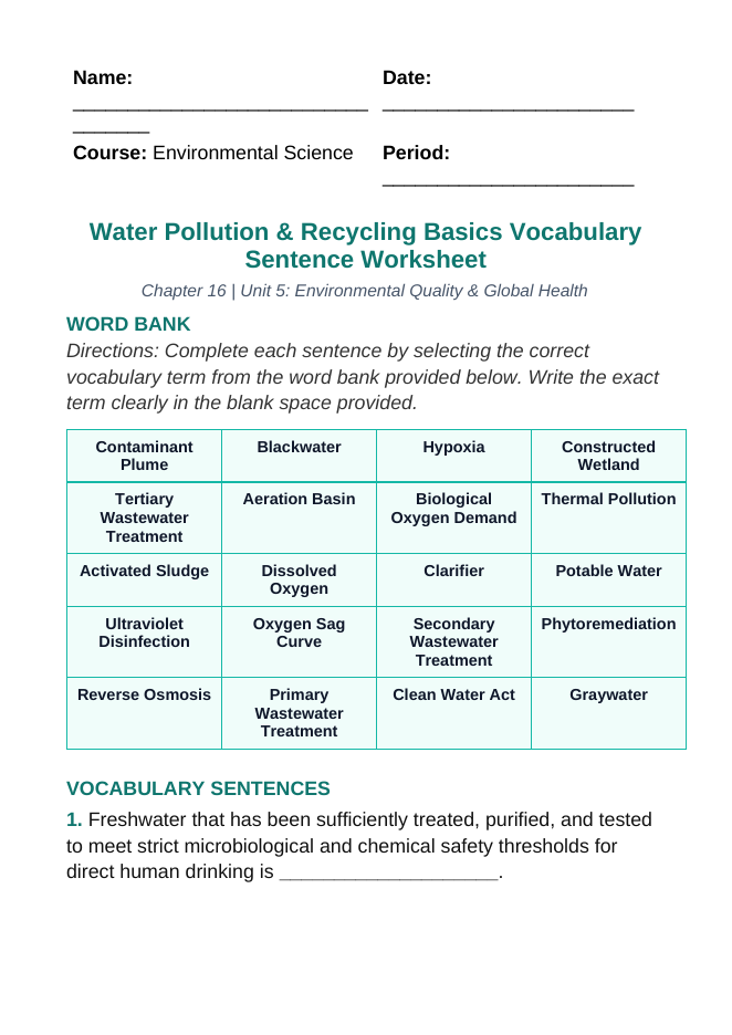 Water Pollution Explained Fill-in-the-Blank Vocabulary Worksheet sample page