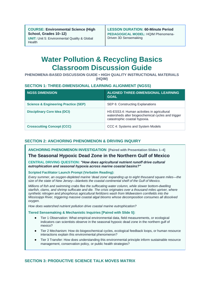 Water Pollution Explained Phenomena-Based Lesson: The Seasonal Hypoxic Dead Zone in the Northern Gulf of Mexico Teacher Discussion Guide sample page