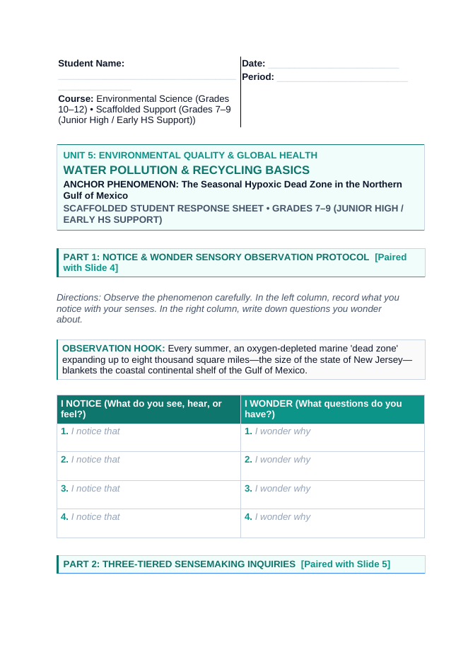 Water Pollution Explained Scaffolded Phenomena-Based Lesson: The Seasonal Hypoxic Dead Zone in the Northern Gulf of Mexico Student Response Sheet sample page