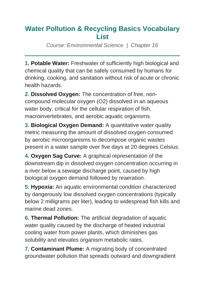 Water Pollution Explained Vocabulary Words & Definitions sample page