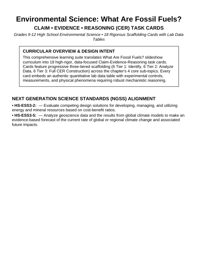 What Are Fossil Fuels? CER Task Cards sample page