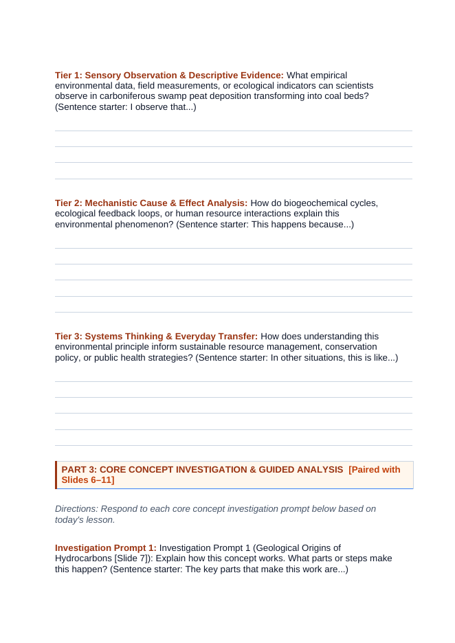 What Are Fossil Fuels? Scaffolded Phenomena-Based Lesson: Carboniferous Swamp Peat Deposition Transforming into Coal Beds Student Response Sheet sample page