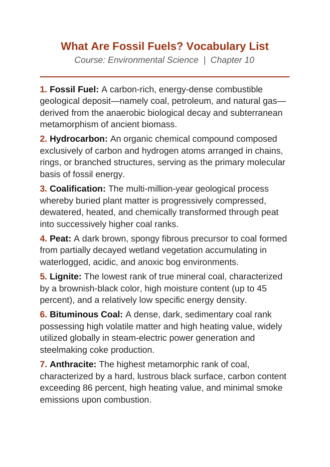 What Are Fossil Fuels? Vocabulary Words & Definitions sample page