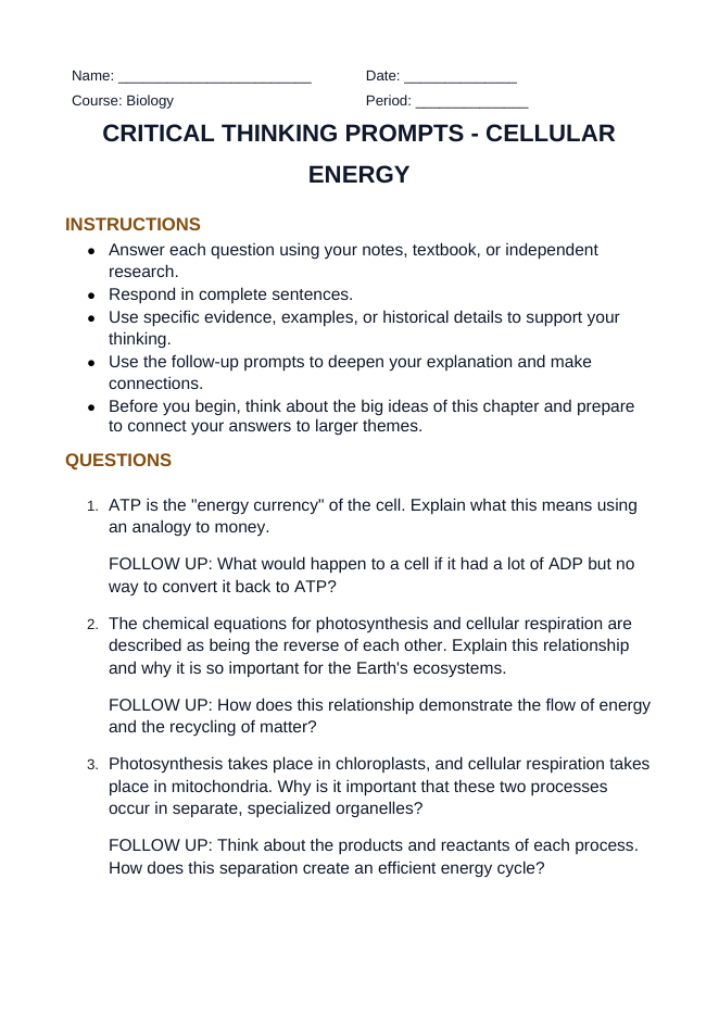 Adenosine triphosphate (ATP) Critical Thinking Prompts sample page