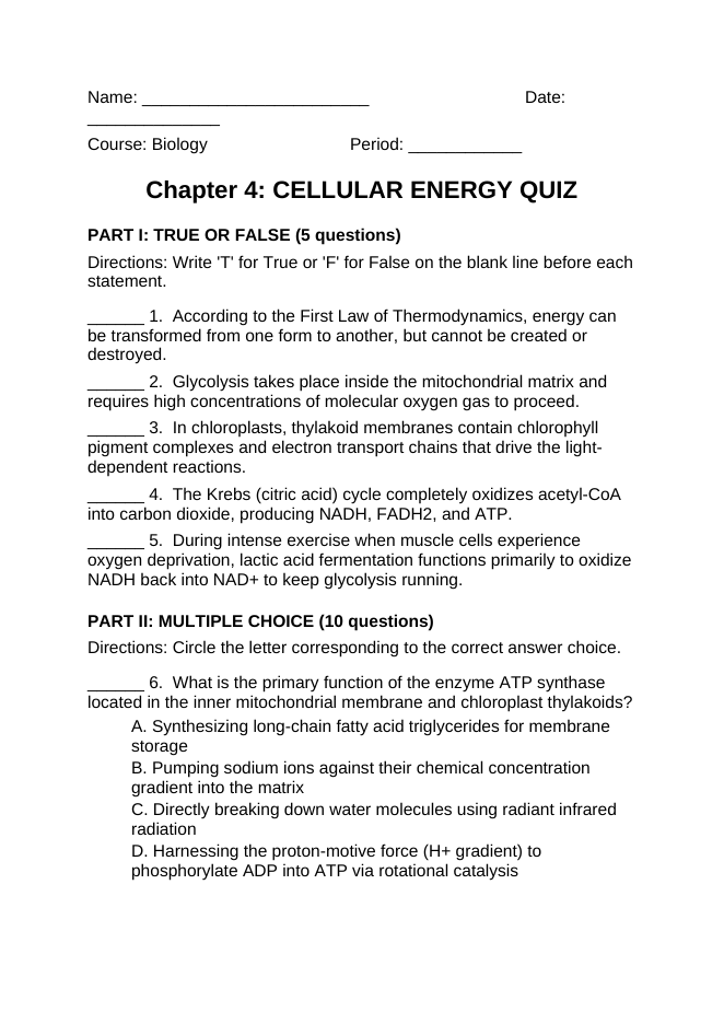 Adenosine triphosphate (ATP) Lesson Quiz sample page