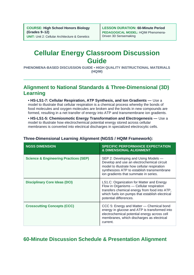 Adenosine triphosphate (ATP) Phenomena-Based Lesson: The Living Volts: The Electric Eel's 860-Volt Chemiosmotic Battery Teacher Discussion Guide sample page