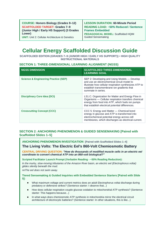 Adenosine triphosphate (ATP) Scaffolded Phenomena-Based Lesson: The Living Volts: The Electric Eel's 860-Volt Chemiosmotic Battery Teacher Discussion Guide sample page