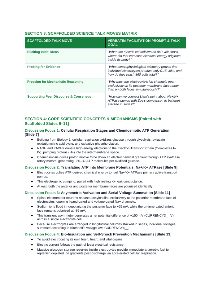 Adenosine triphosphate (ATP) Scaffolded Phenomena-Based Lesson: The Living Volts: The Electric Eel's 860-Volt Chemiosmotic Battery Teacher Discussion Guide sample page