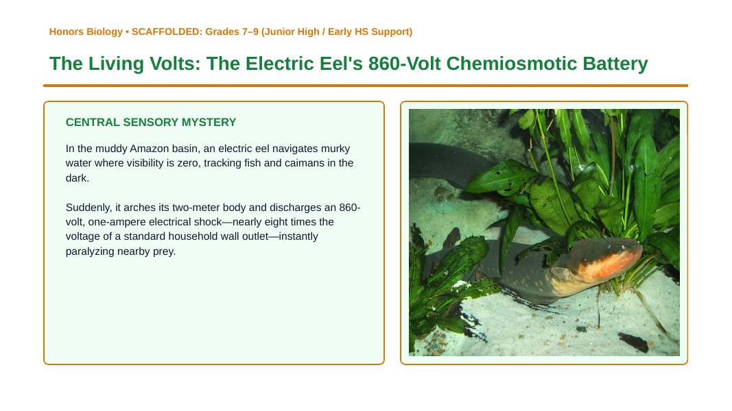 Adenosine triphosphate (ATP) Scaffolded Phenomena-Based Lesson: The Living Volts: The Electric Eel's 860-Volt Chemiosmotic Battery Presentation sample page