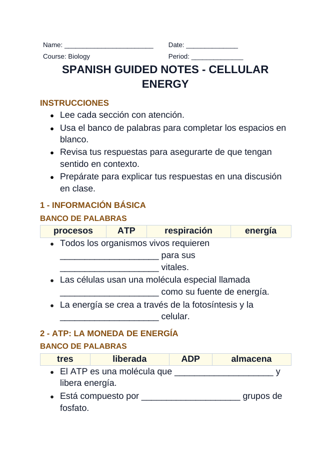 Adenosine triphosphate (ATP) Spanish Guided Notes sample page