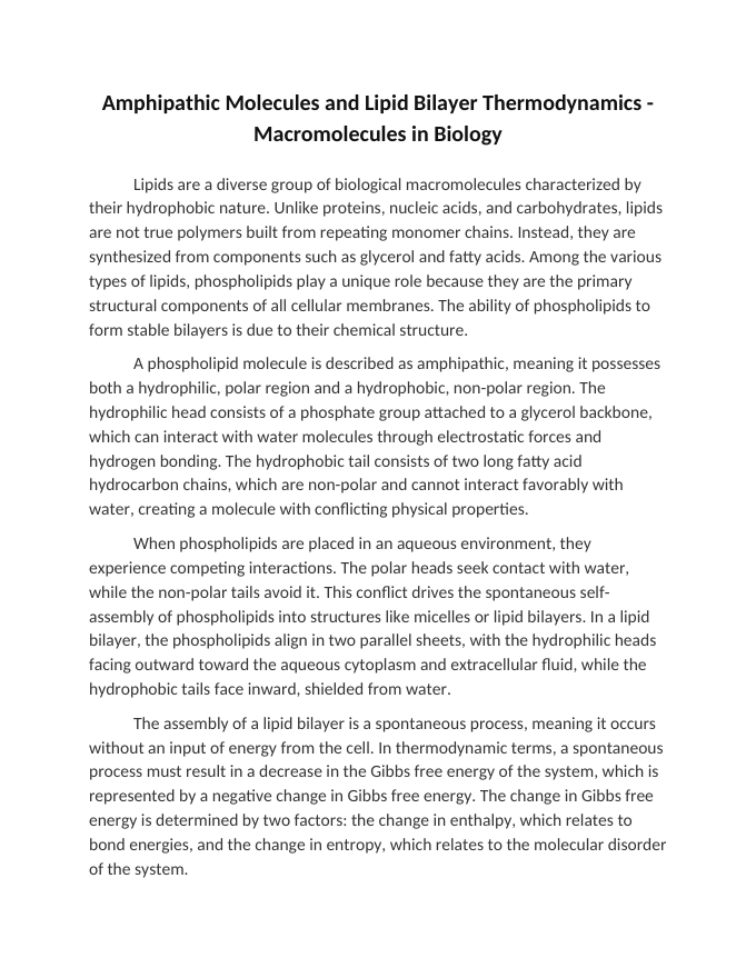 Amphipathic Molecules and Lipid Bilayer Thermodynamics Reading Worksheet sample page