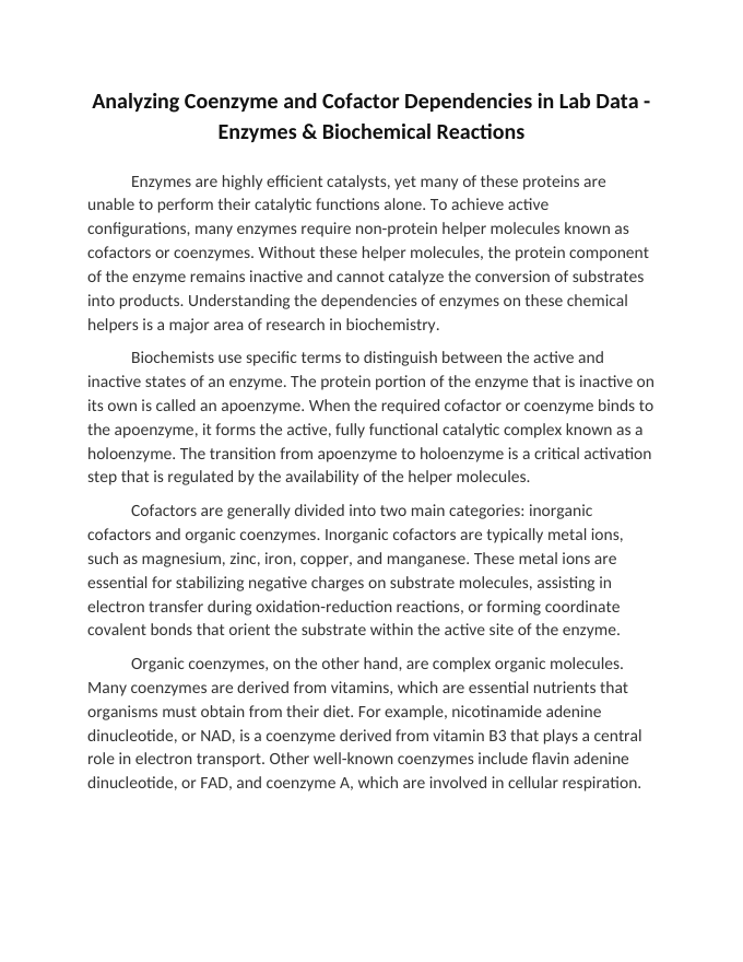Analyzing Coenzyme and Cofactor Dependencies in Lab Data Reading Worksheet sample page